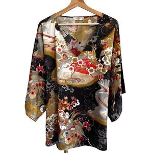 Natori Womens Kimono Floral Oversized Top Size 2X Asian Inspired Art To Wear